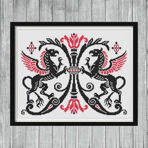 Griffin Cross Stitch Sampler, Griffon Monochrome Cross Stitch Pattern, Gryphon Antique Cross Stitch, Fantasy Cross Stitch PDF Pattern