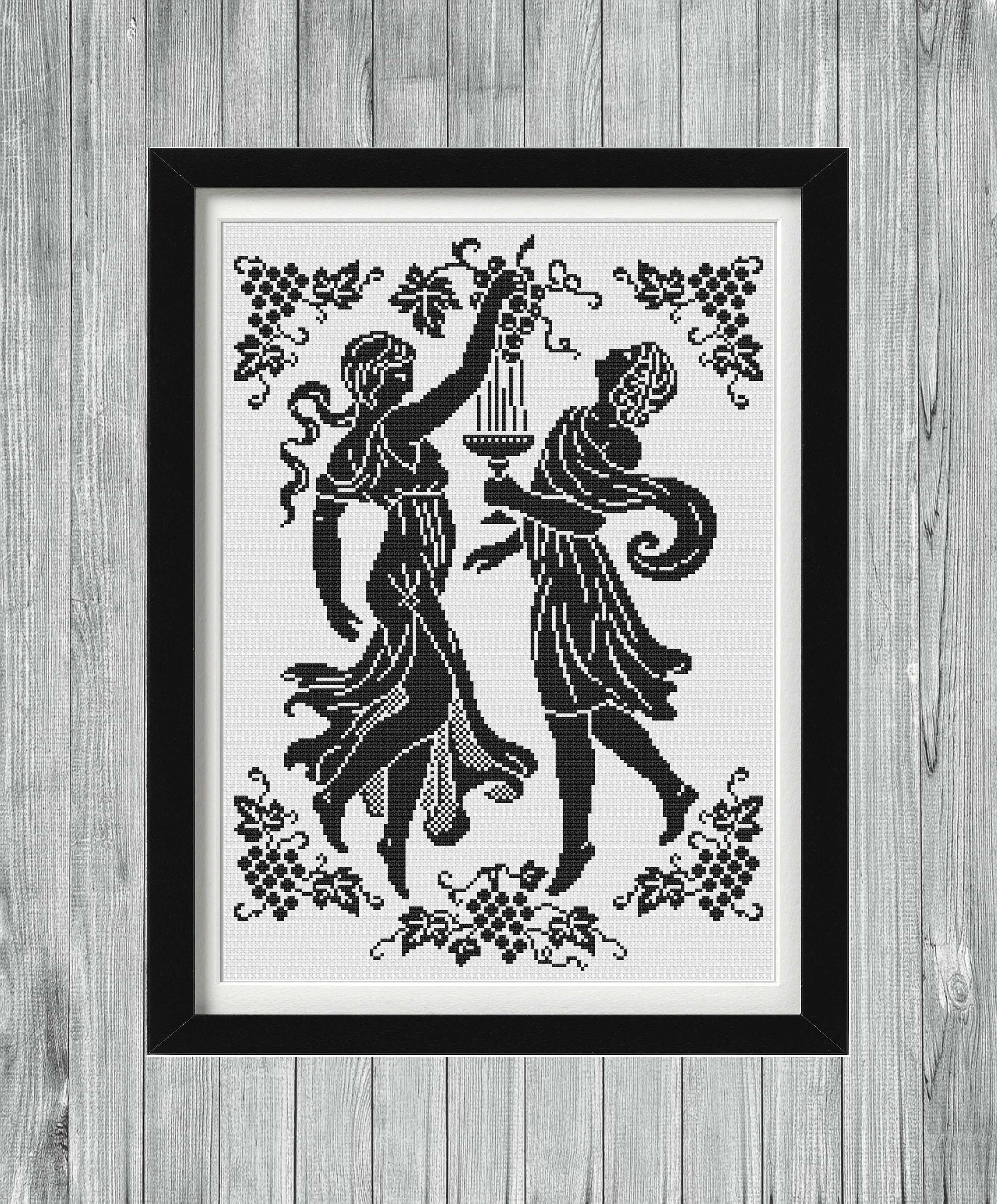 Wine Makers Greek Cross Stitch Pattern, Antique Monochrome (PDF