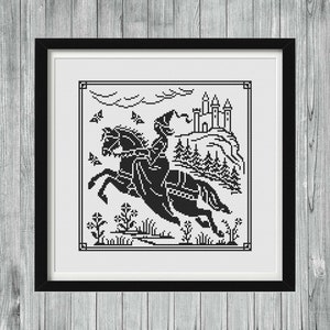 Princess Riding a Horse Cross Stitch Sampler, Antique Monochrome Cross Stitch Sampler, Chart PDF Pattern