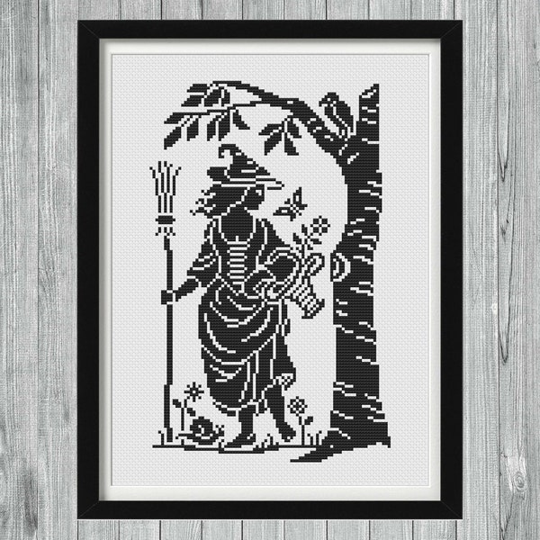 Witch Foraging In the Forest With Friends Cross Stitch Sampler, Antique Monochrome Cross Stitch Sampler Chart Pattern PDF Digital Download