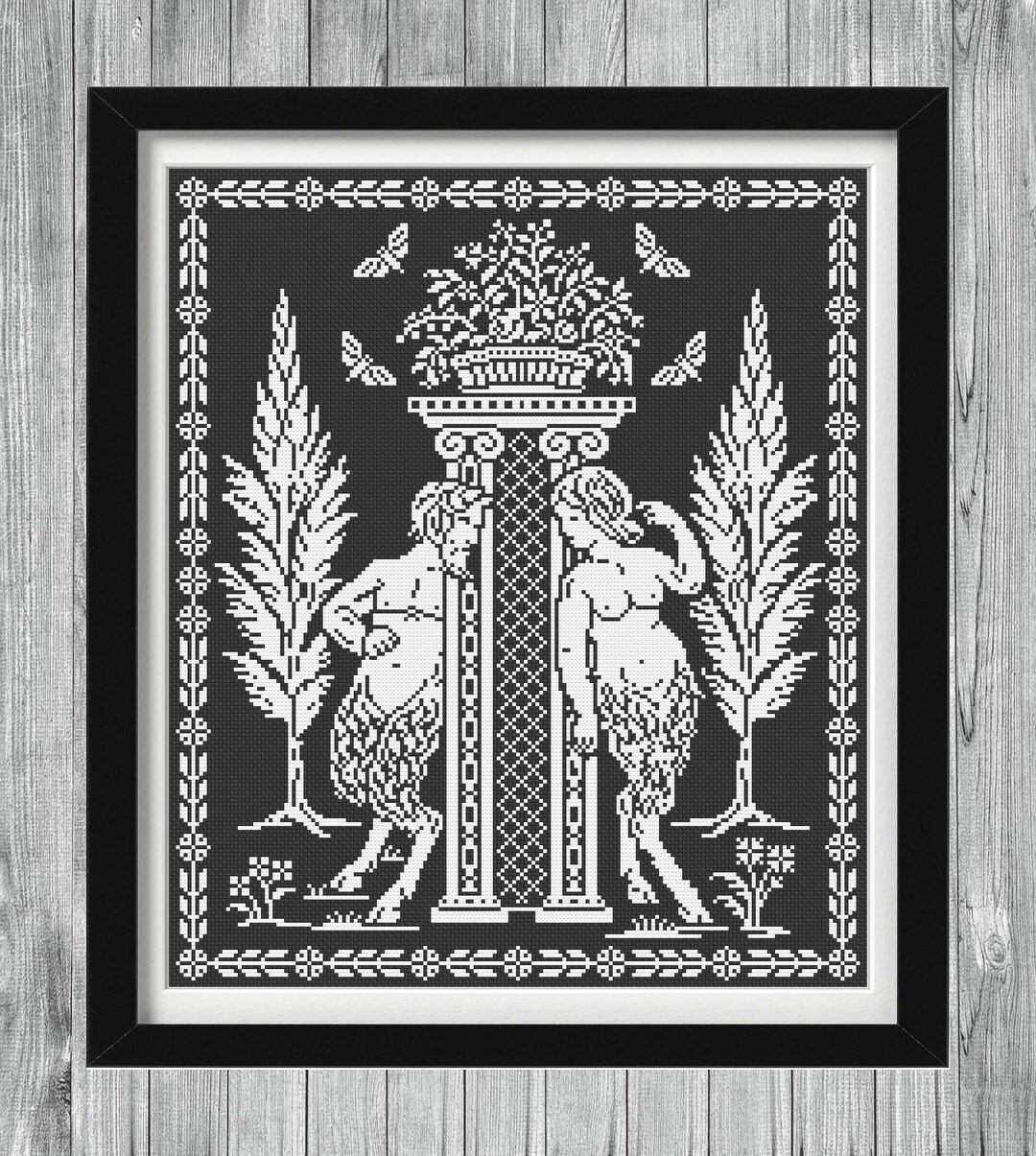 Flirting Fauns Cross Stitch Sampler, Satyr and Satyress Cross Stitch