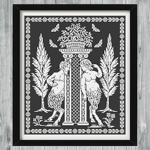 Flirting Fauns Cross Stitch Sampler, Satyr and Satyress Cross Stitch Sampler, Greek Roman Mythology Cross Stitch Sampler PDF Pattern