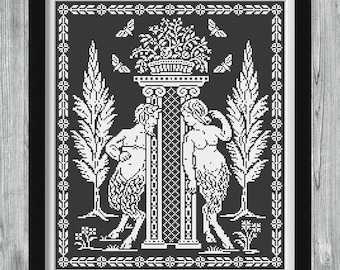 May include: Black and white cross-stitch pattern featuring two figures, a man and a woman, standing on either side of a pillar. The figures are surrounded by stylized plants and flowers.