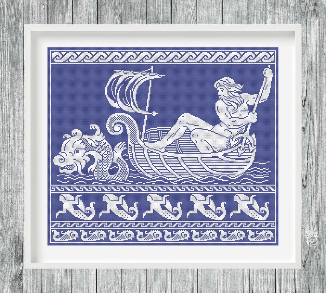 Poseidon Greek Mythology Cross Stitch Sampler, Monochrome Antique Cross