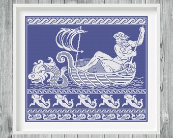 Poseidon Cross Stitch Pattern, Neptune Greek Mythology Sampler