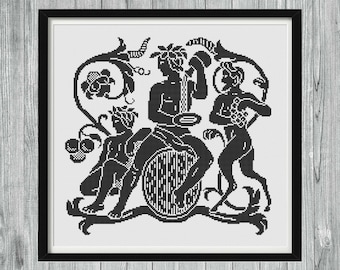May include: Black and white silhouette illustration of three figures in a stylized floral design. The figures are depicted as nude and are surrounded by leaves and vines.