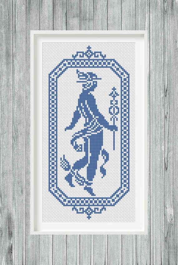 Hermes/mercury Cross Stitch Pattern, Antique Monochrome Sampler