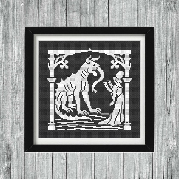 Lady and the Beast Fantasy Cross Stitch Sampler, Fable Cross Stitch Sampler, Fairy Tale Sampler, Monochrome Cross Stitch PDF Pattern