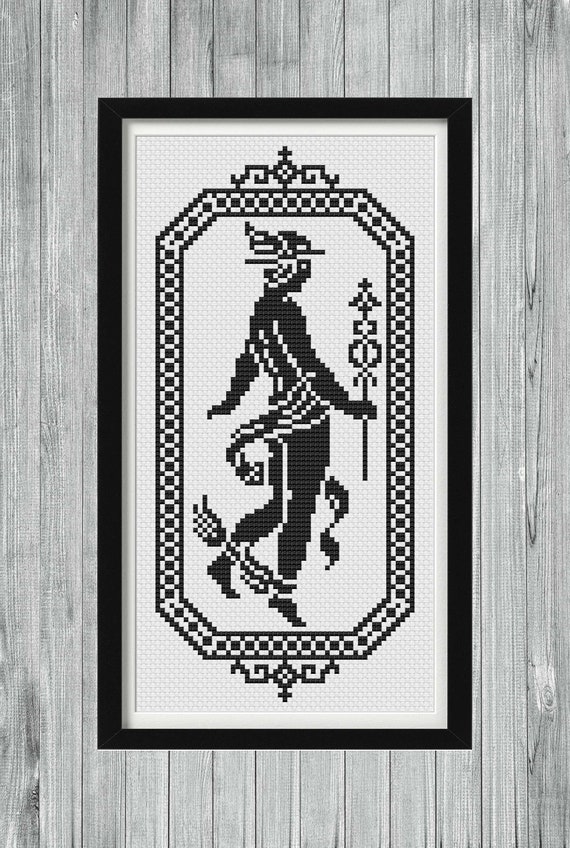 Hermes/mercury Cross Stitch Pattern, Antique Monochrome Sampler