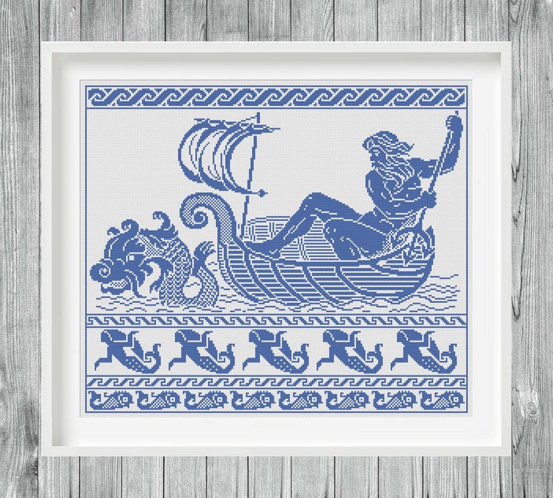 Poseidon Greek Mythology Cross Stitch Sampler, Monochrome Antique Cross