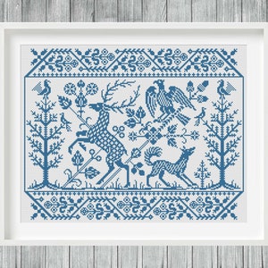 Waldszene Kreuzstich Sampler, Antik Monochrome Kreuzstich Sampler PDF Pattern