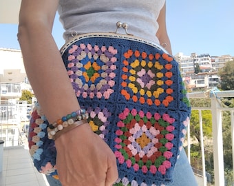 Blue Crochet Granny Square Bag: Handmade Vintage Style Purse