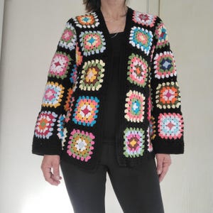 Handmade Black Crochet Granny Square Cardigan: Patchwork Cotton Coat