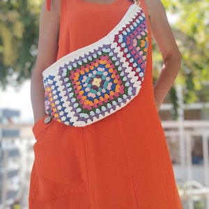 Crochet Granny Square Big Crossbody Bag, Crochet Fanny Bag, Cotton Lined, Boho Style