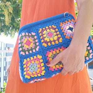 Blue Crochet Granny Square Clutch: Handmade Cotton Shoulder Bag