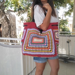 Large Crochet Granny Square Tote Bag,Handmade Drawstring Shoulder Bag,Gift For Her