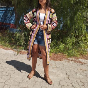 Black Crochet Granny Square Afgan Cardigan,Gift For Her, Crochet Colorful Jacket, Boho Style Sweater