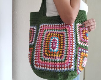 Bolso de mano cuadrado de abuela de crochet hecho a mano: algodón colorido estilo bohemio