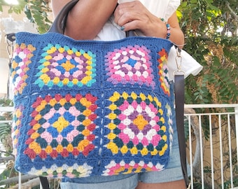 Handmade Crochet Blue Granny Square Bag,Boho Shoulder Bag,Gift For Her