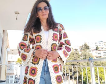 Crochet Granny Square Cardigan: Handmade Cotton Boho Jacket