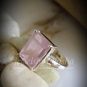 Natural Rose Quartz Ring, 92.5 Sterling Silver Ring, Handmade Ring, Pink Gemstone Ring, Emerald Cut Ring, Solitaire Ring, Engagement Ring