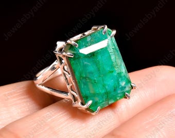 Raw Emerald Ring, 925 Sterling Silver Art Deco Ring