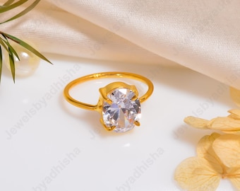 Ring met witte topaas, 18k gouden afwerking, art-decostijl, 925 sterlingzilver