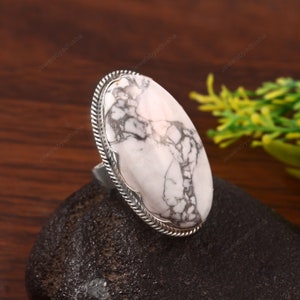 Howlite Ring-925 Sterling Silver Ring-White Black Ring-Women&#39;s Men&#39;s Ring-Statement Ring-Large Howlite-Handmade Jewelry-Natural Gemstone