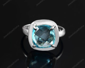 Aquamarine Ring- Handmade Ring-March Birthstone Ring-925 Sterling Silver Ring-Filigree Ring-Ocean Blue Ring-Cushion Cut Ring-Engagement gift
