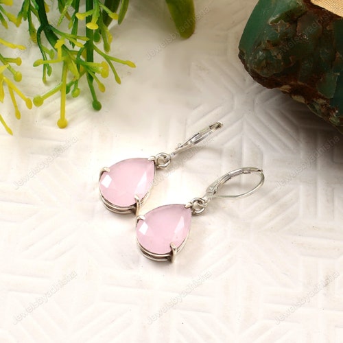 Rose Quartz Earrings, Sterling Silver, Teardrop Dangle Earrings