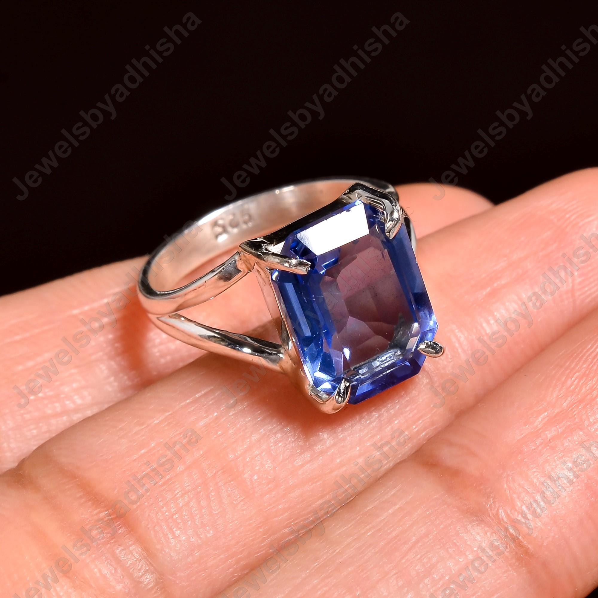 Bague Saphir Carrée 20x20mm - Argent 925 - Taille 54 - Saphir Traité Chauffé Bleu - Neuf Avec étiquettes
