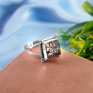 Black Rutile Quartz Ring,925 Sterling Silver, Handmade Ring, Solitaire Ring, Square Ring, Natural Rutile Ring, Black Ring, Engagement Ring