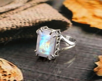 Natural Rainbow Moonstone Ring,925 Sterling Silver Ring, Emerald Cut Ring , Handmade Ring, Solitaire Ring, Engagement Ring, gift, rings,boho