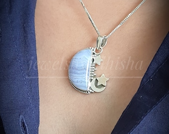 Blaue Spitze Achat Mond Halskette, Sterling Silber Anhänger