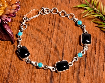 Black Onyx Turquoise Bracelet, Vintage jewelry, 925 Sterling Silver Art Deco Handmade Bracelet,  Turquoise Black Onyx Bracelet, Gift For Her