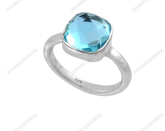 Blue Topaz Ring- Hammered Ring-December Birthstone Rings 925 Sterling Silver Rings-topaz ring-Cushion Cut Ring-Engagement Ring-gemstone ring