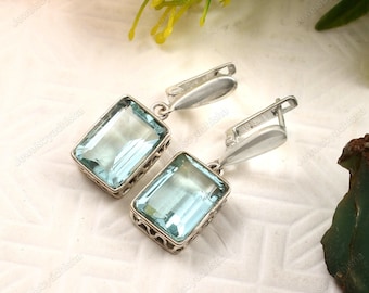 Aquamarine dangle earrings, vintage  gemstone drop earrings, girls earrings gift for her, gift for mom, March birthstone,925Sterling Silver