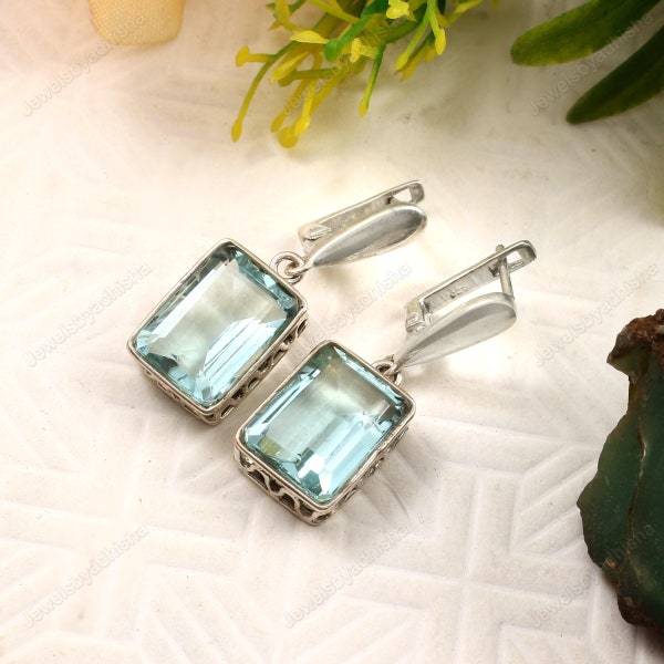 Aquamarine dangle earrings, Ocean blue gemstone drop earrings, gift for her,gift for mom, March birthstone,925Sterling Silver handmade Gift