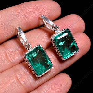 Emerald Earring, Natural Colombian Emerald women&#39;s Earring, 925 Sterling Silver Earring, Dangling Earring, art deco statement girls earrings