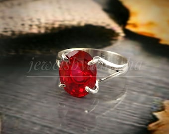 Bague de fiançailles solitaire en argent sterling 925 avec rubis ovale fait main