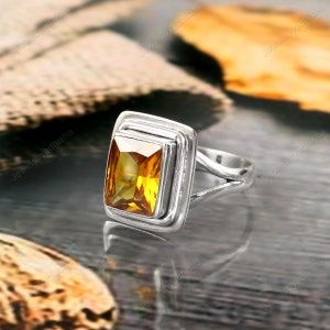 Citrinring, 925 sterlingsilverring, handgjord ring, solitärring, gul ädelstensring, förlovningsring, art déco-citrinsmycken