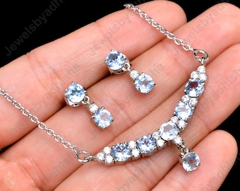 Natural Brazilian Aquamarine Necklace Set, Handmade 925 Sterling Silver Art Deco Jewelry