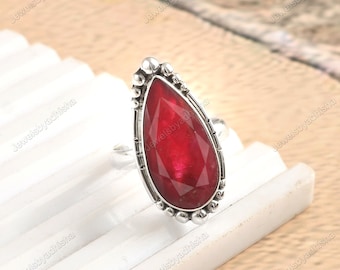 Pear Ruby Ring, Art Deco 925 Sterling Silver, Handmade Jewelry