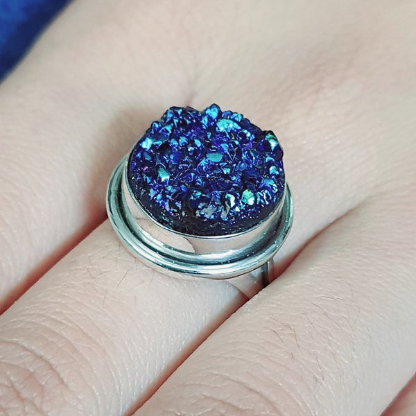 Midnight Titanium Druzy Ring-Handmade Silver Ring-925 Sterling Silver Ring-Round Blue Titanium Druzy Ring-Gift for her-Promise Ring-Wow Ring