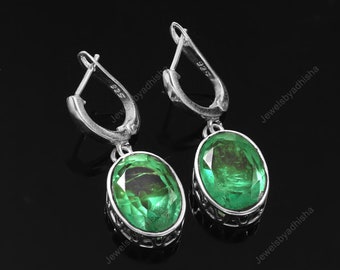 Natural Emerald Dangle Earrings, 925 Sterling Silver, Handmade