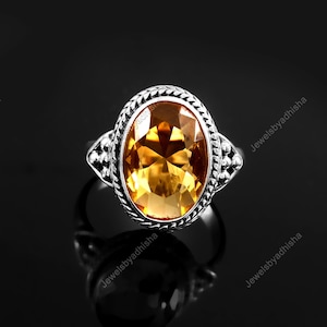 Citrinring, felfri brasiliansk citrinring i 925 sterlingsilver, handgjord ring, vintage solitärring, gul art déco-ring, smyckesgåva