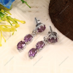 Natural Amethyst Earrings-Art deco Earring-925 Sterling Silver Dangle-Purple Earring-Vintage Earring-Handmade Earring- statement earrings