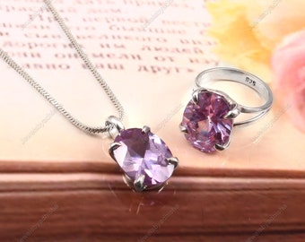 Ensemble bague et collier en argent sterling et quartz lavande, bijoux faits main