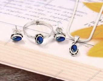 Anillo, pendiente y collar de zafiro azul natural de Ceilán. Joyas de plata de ley 925. Juego de 3 piezas. Piedra natal de septiembre. Regalo para ella.