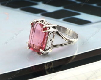 Brazilian Pink Tourmaline Ring, 925 Sterling Silver, Handmade Emerald Cut gemstone ring